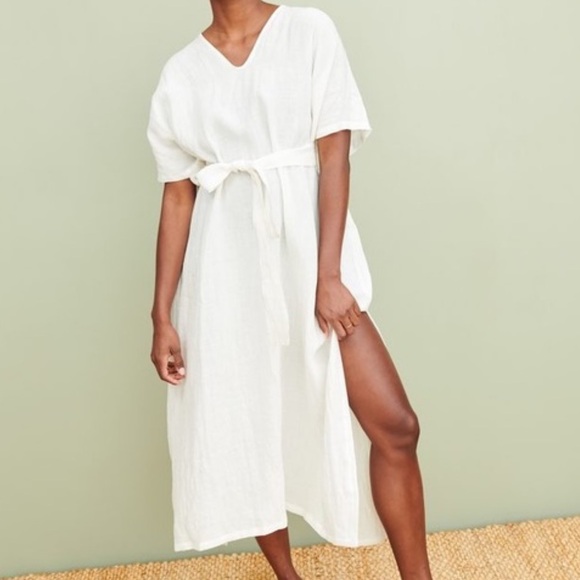 Birds of Paradis Beachy Coastal Style Ivory Linen V-Neck Belted Split Midi Dress - Picture 8 of 12